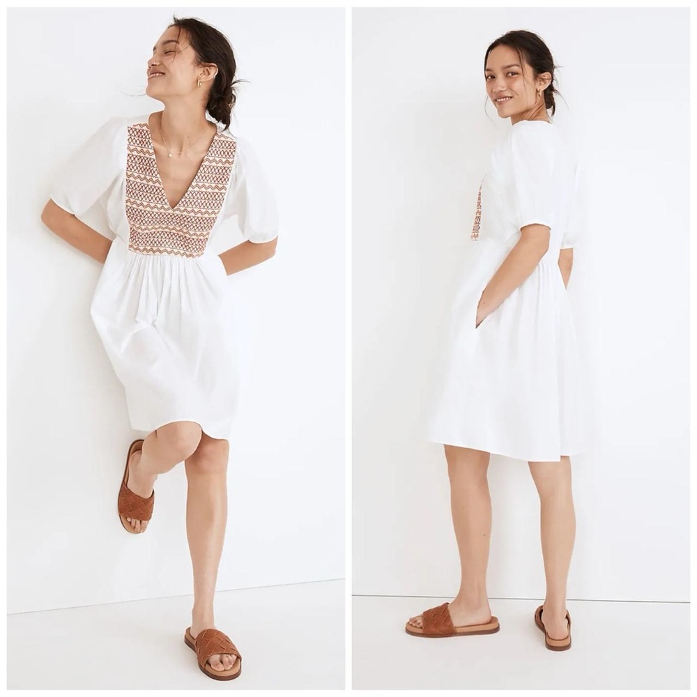Madewell Embroidered Poplin V Neck Mini Dress Summer White Brown Medium
